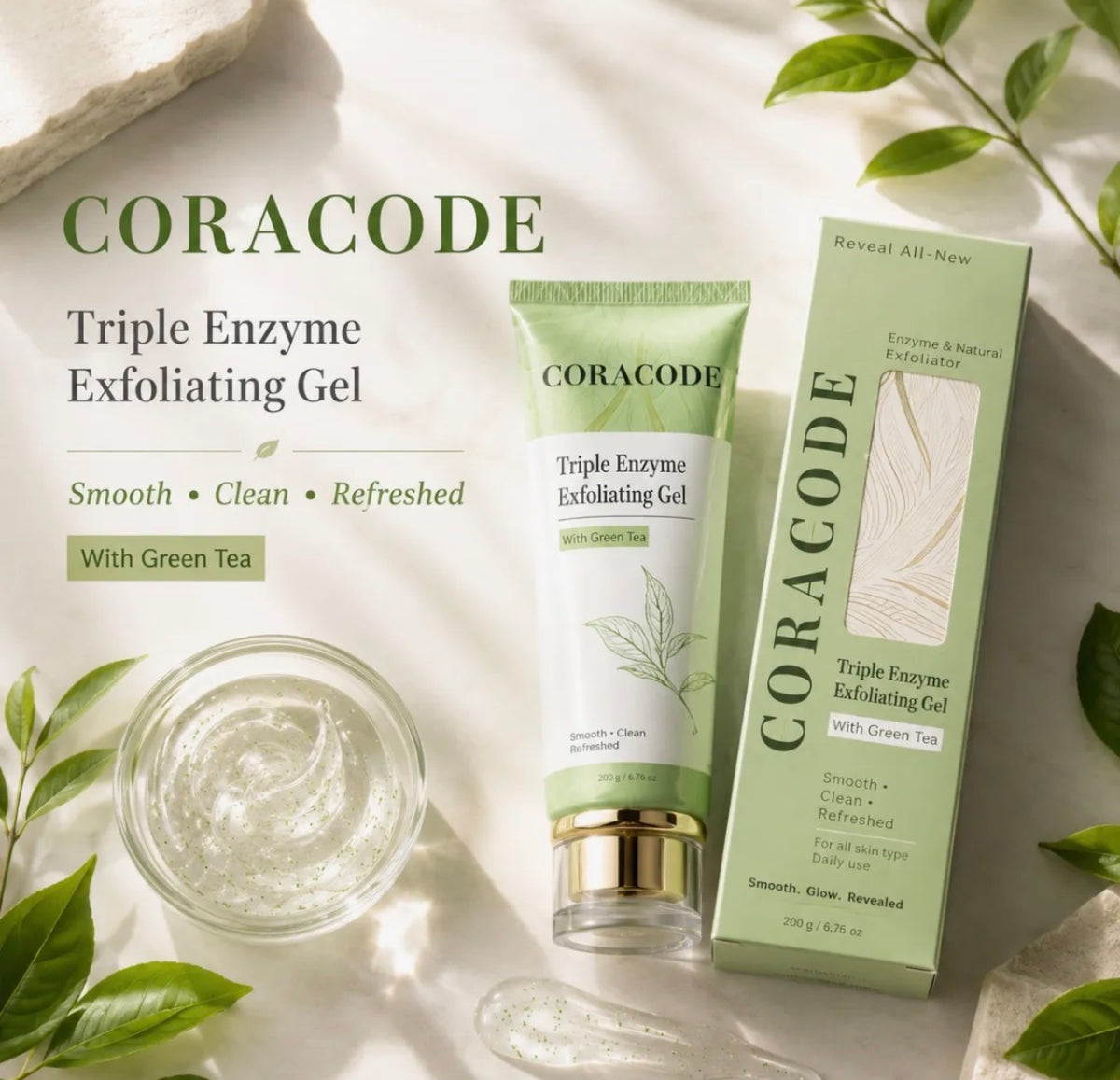 Coracode Triple Enzyme Exfoliating Gel with Green Tea – Skin Smoothing & Brightening Gel 100g