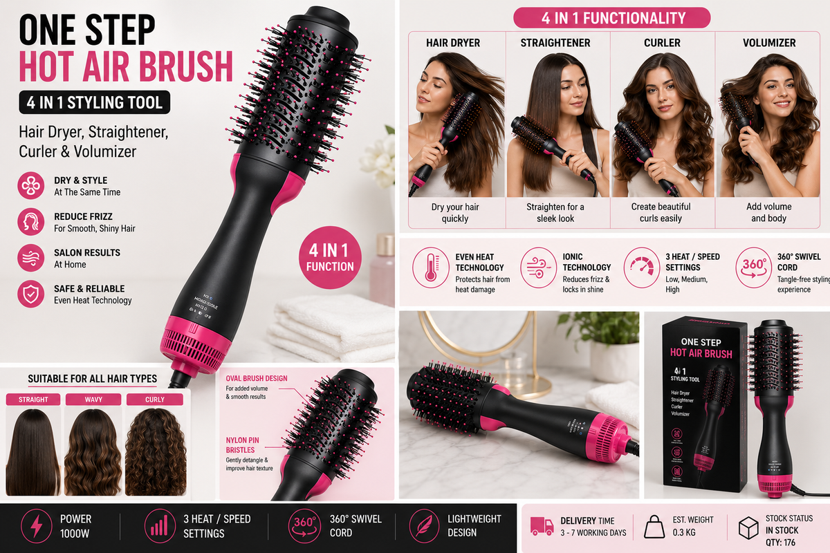 One Step Hot Air Brush 4-in-1 – Hair Dryer, Straightener, Curler & Volumizer