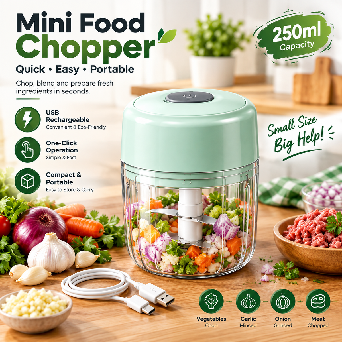 Mini Food Chopper 250ml β USB Rechargeable Vegetable, Garlic & Meat Grinder