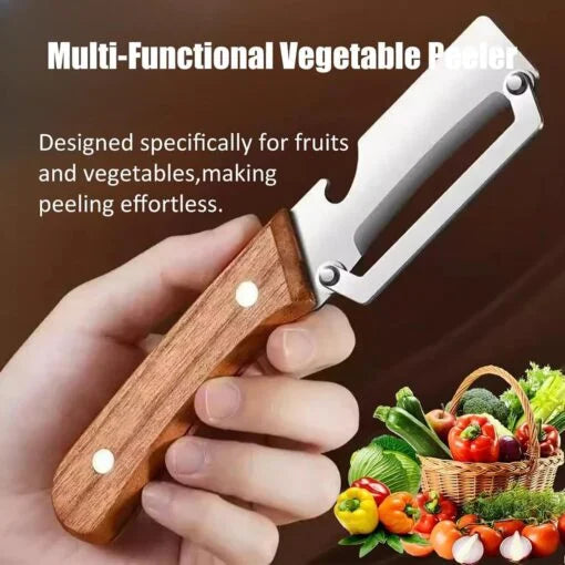 3-in-1 Multi-Functional Kitchen Peeler | Stainless Steel Vegetable Peeler with Wooden Handle | Bottle Opener