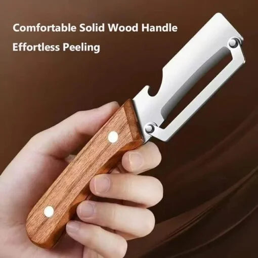 3-in-1 Multi-Functional Kitchen Peeler | Stainless Steel Vegetable Peeler with Wooden Handle | Bottle Opener