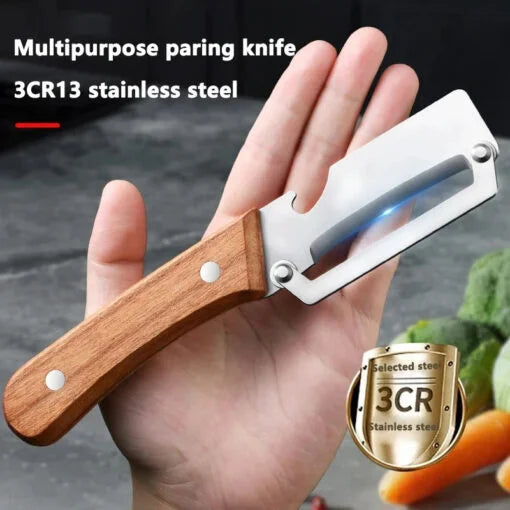 3-in-1 Multi-Functional Kitchen Peeler | Stainless Steel Vegetable Peeler with Wooden Handle | Bottle Opener