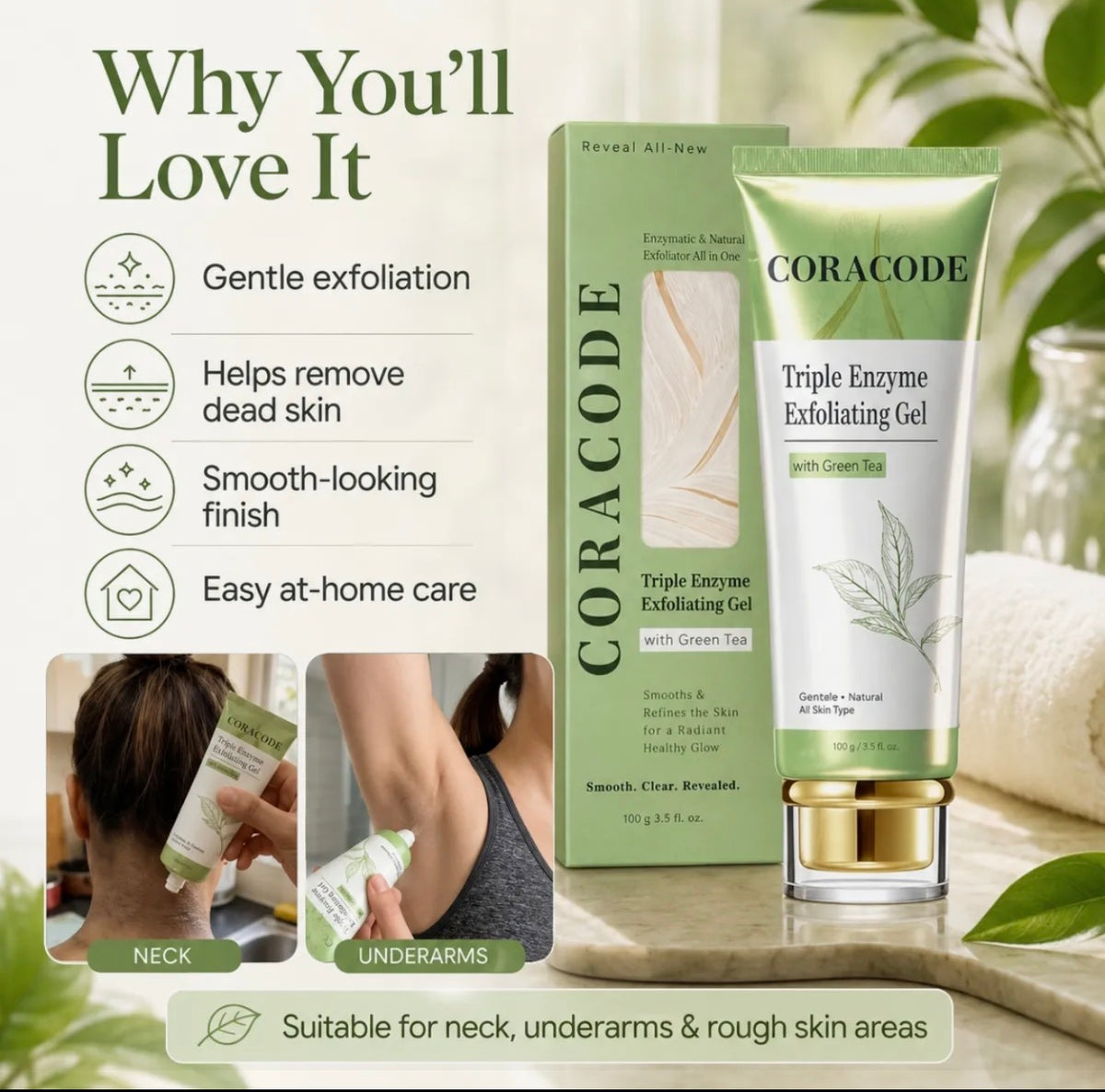 Coracode Triple Enzyme Exfoliating Gel with Green Tea – Skin Smoothing & Brightening Gel 100g