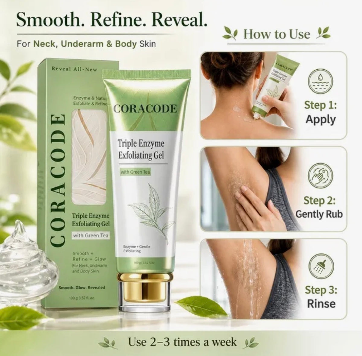 Coracode Triple Enzyme Exfoliating Gel with Green Tea – Skin Smoothing & Brightening Gel 100g