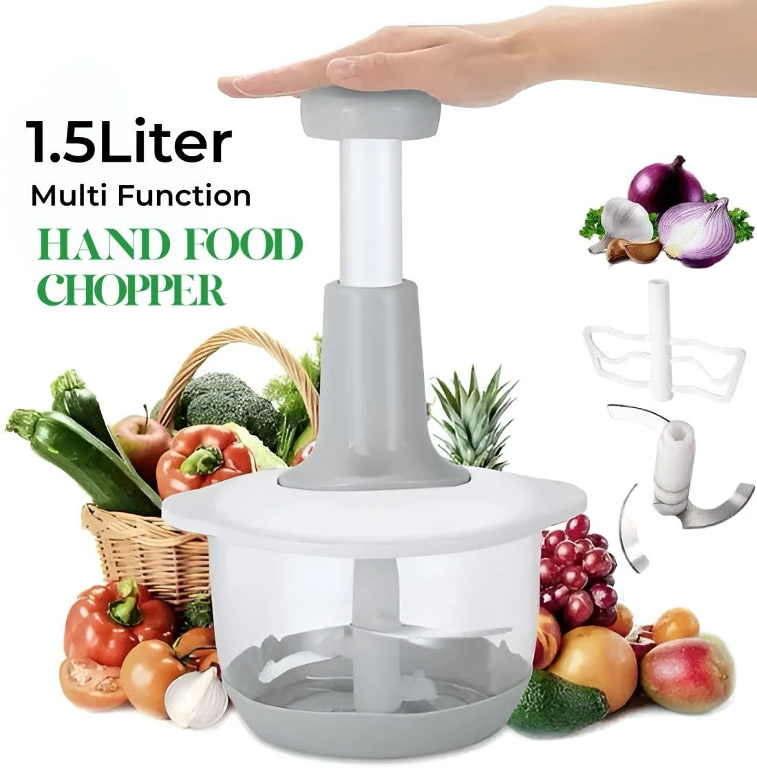 1.5L Manual Food Chopper | Hand Press Vegetable & Fruit Chopper | 3-Blade Kitchen Cutter | Random Color