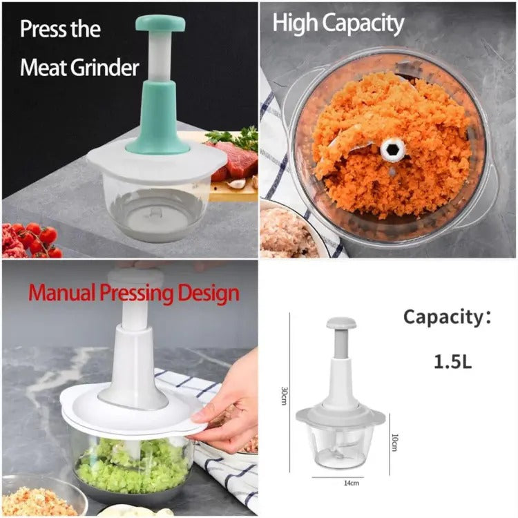 1.5L Manual Food Chopper | Hand Press Vegetable & Fruit Chopper | 3-Blade Kitchen Cutter | Random Color