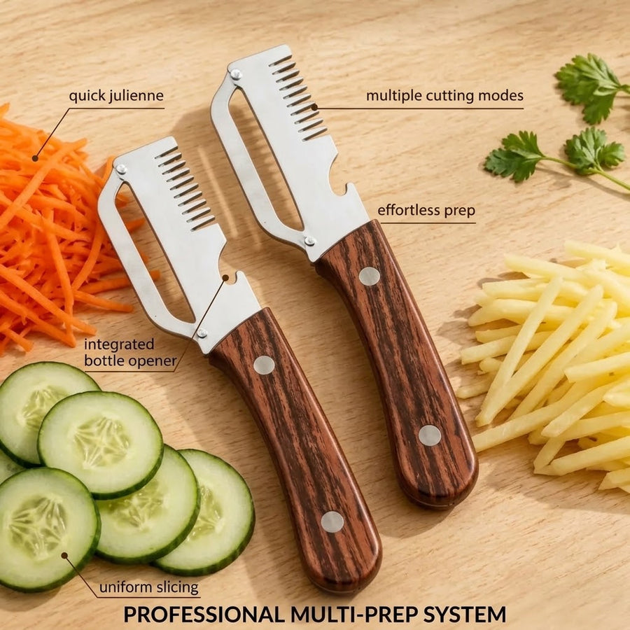 3-in-1 Multi-Functional Kitchen Peeler | Stainless Steel Vegetable Peeler with Wooden Handle | Bottle Opener