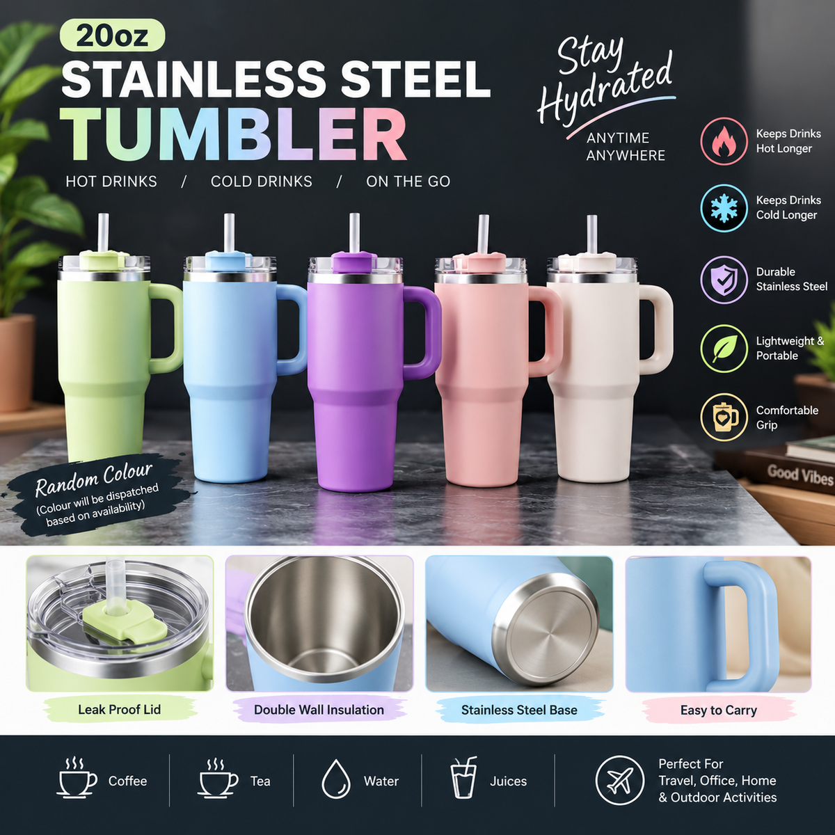 20oz Stainless Steel Tumbler – Double Wall Insulated Travel Mug | Random Colour