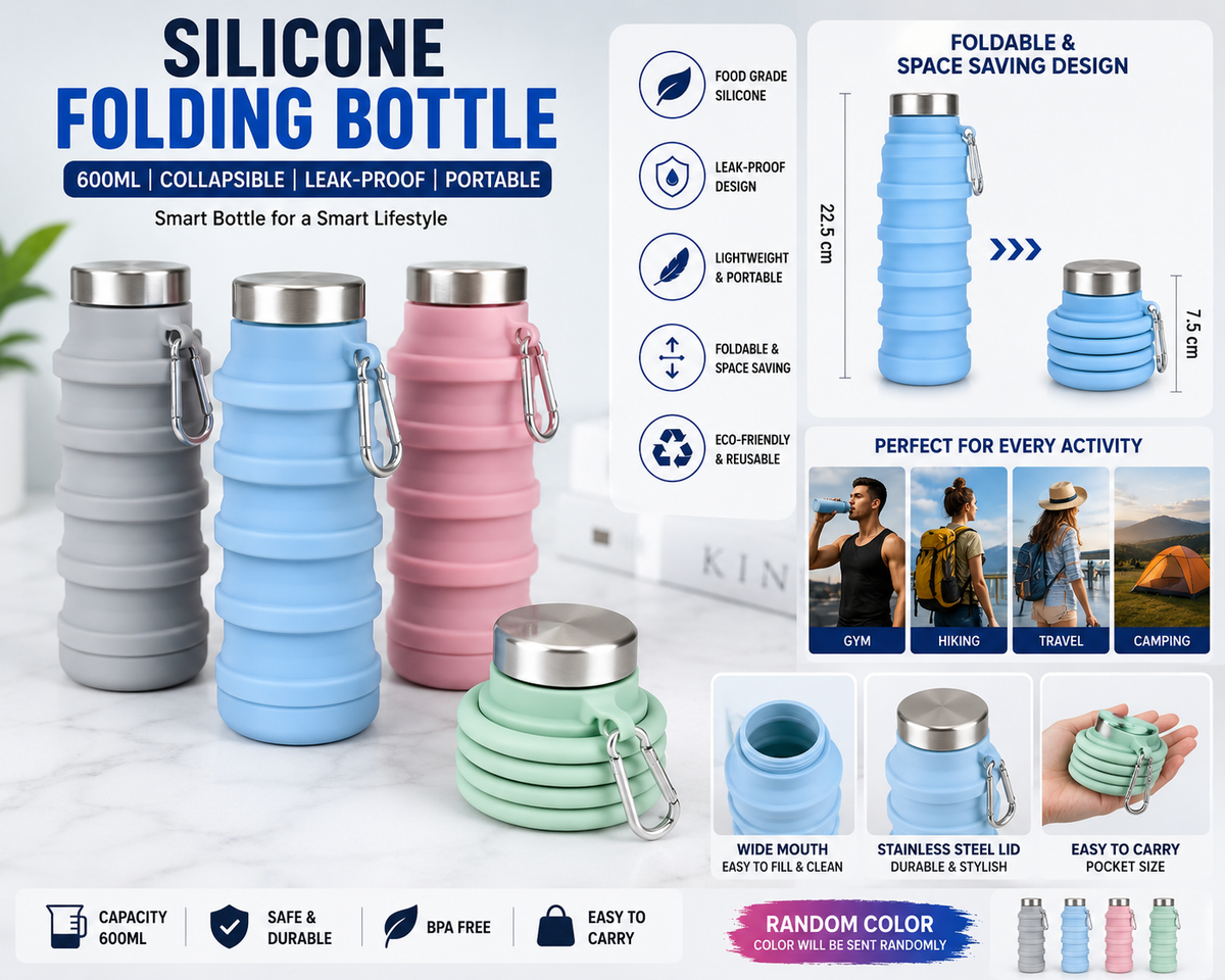 Silicone Folding Water Bottle 600ML – Foldable, Collapsible & Leak-Proof Travel Bottle