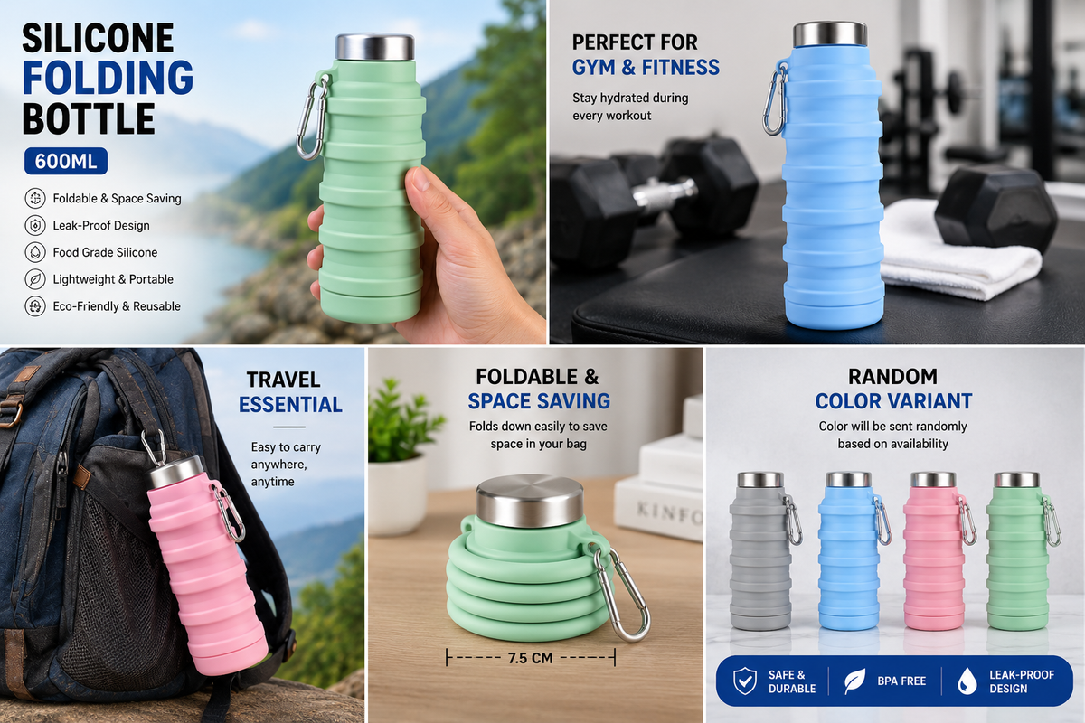 Silicone Folding Water Bottle 600ML – Foldable, Collapsible & Leak-Proof Travel Bottle