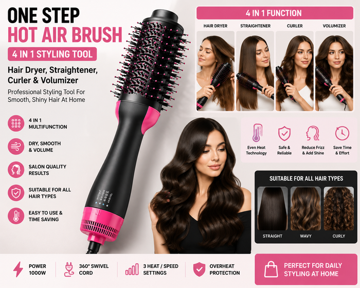 One Step Hot Air Brush 4-in-1 – Hair Dryer, Straightener, Curler & Volumizer