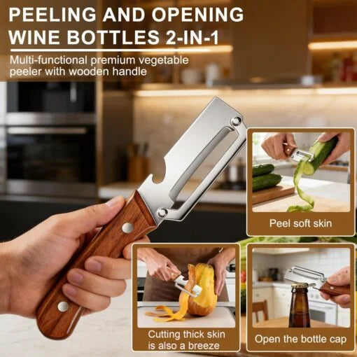 3-in-1 Multi-Functional Kitchen Peeler | Stainless Steel Vegetable Peeler with Wooden Handle | Bottle Opener