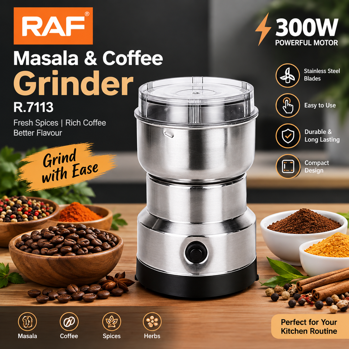 RAF Masala & Coffee Grinder R.7113 – 300W Electric Spice Grinder