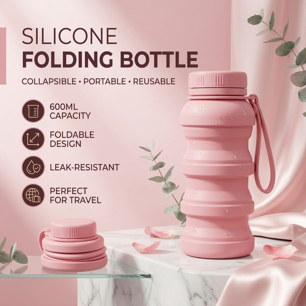 Silicone Folding Water Bottle 600ML – Foldable, Collapsible & Leak-Proof Travel Bottle