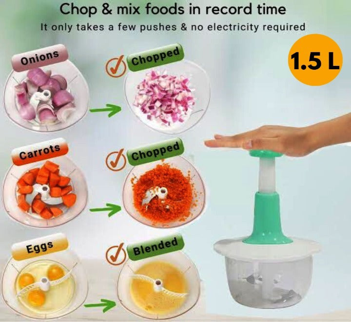 1.5L Manual Food Chopper | Hand Press Vegetable & Fruit Chopper | 3-Blade Kitchen Cutter | Random Color
