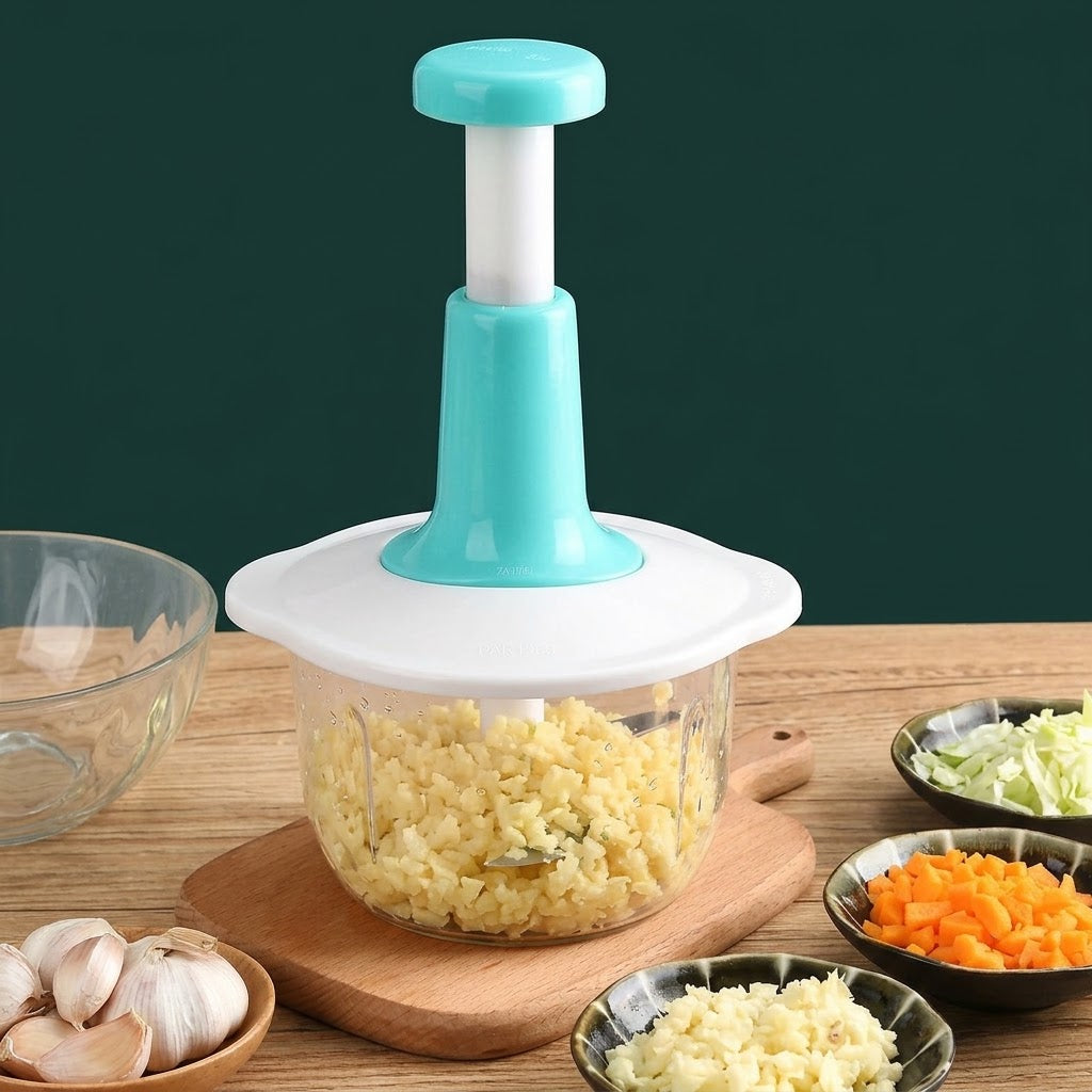 1.5L Manual Food Chopper | Hand Press Vegetable & Fruit Chopper | 3-Blade Kitchen Cutter | Random Color